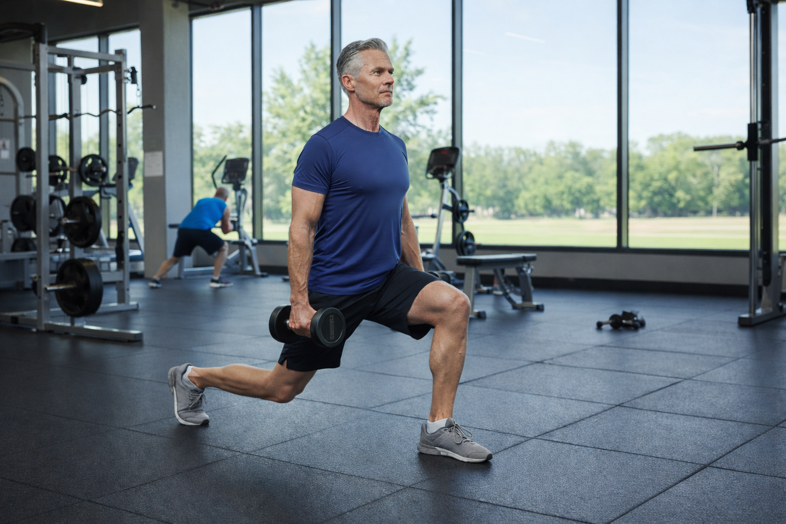 Older adult over 50, weighted lunges exercise, improve muscle, strength